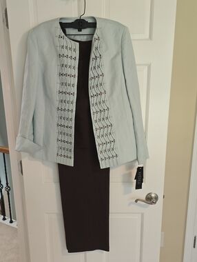 Kasper Light Teal Blue Embellished Open-Front Blazer
